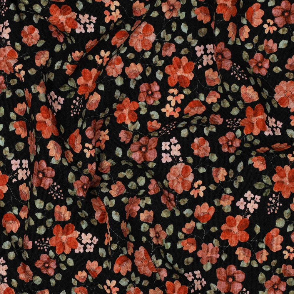 Bio-Baumwolle Jersey Stoff (GOTS) Digitaldruck Herbstblumen | schwarz