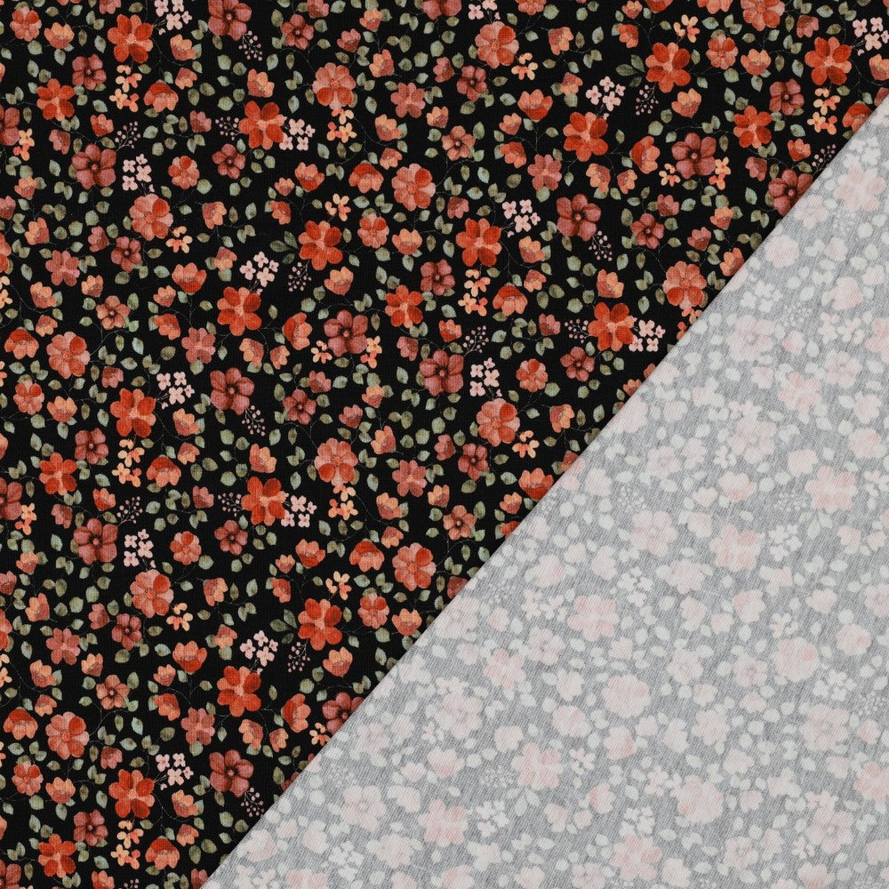 Bio-Baumwolle Jersey Stoff (GOTS) Digitaldruck Herbstblumen | schwarz